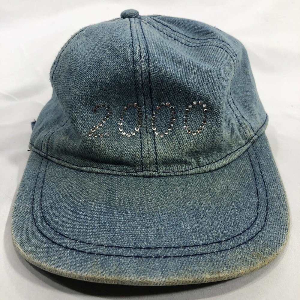 Vintage Y2K 2000 Denim Strapback Rhinestone Hat Cap Adjustable One Size Fits OSF